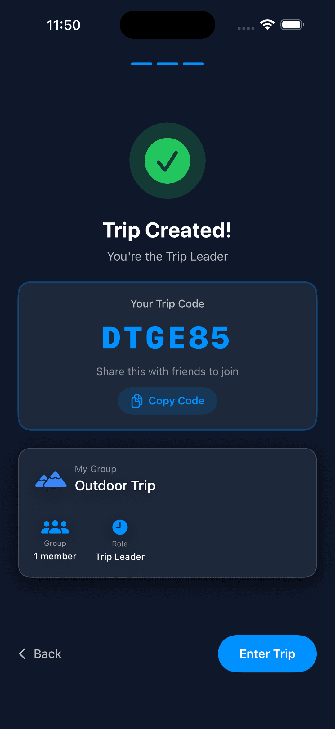Trip created with shareable code